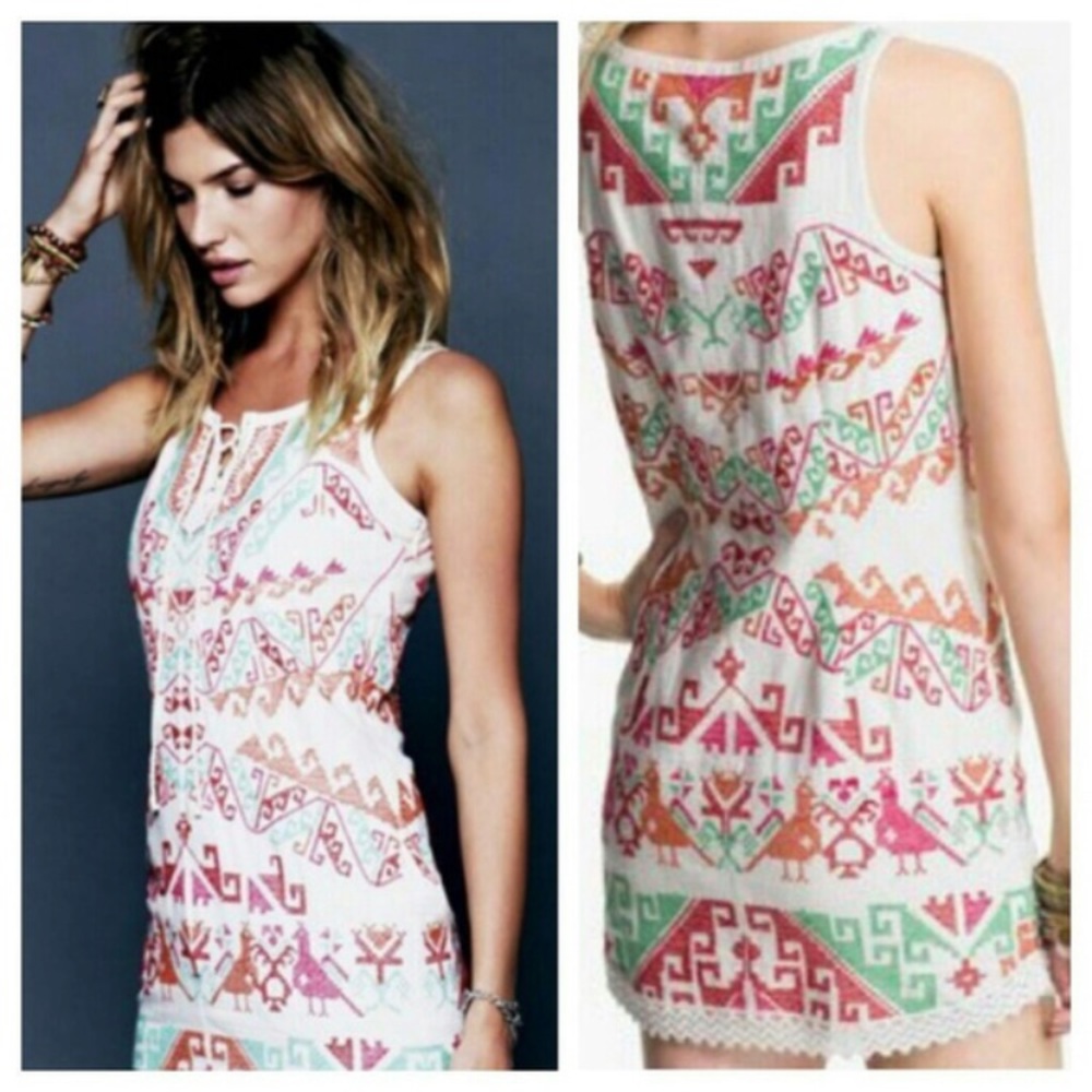 FREE PEOPLE Boho Embroidered Cross Stitch Dress